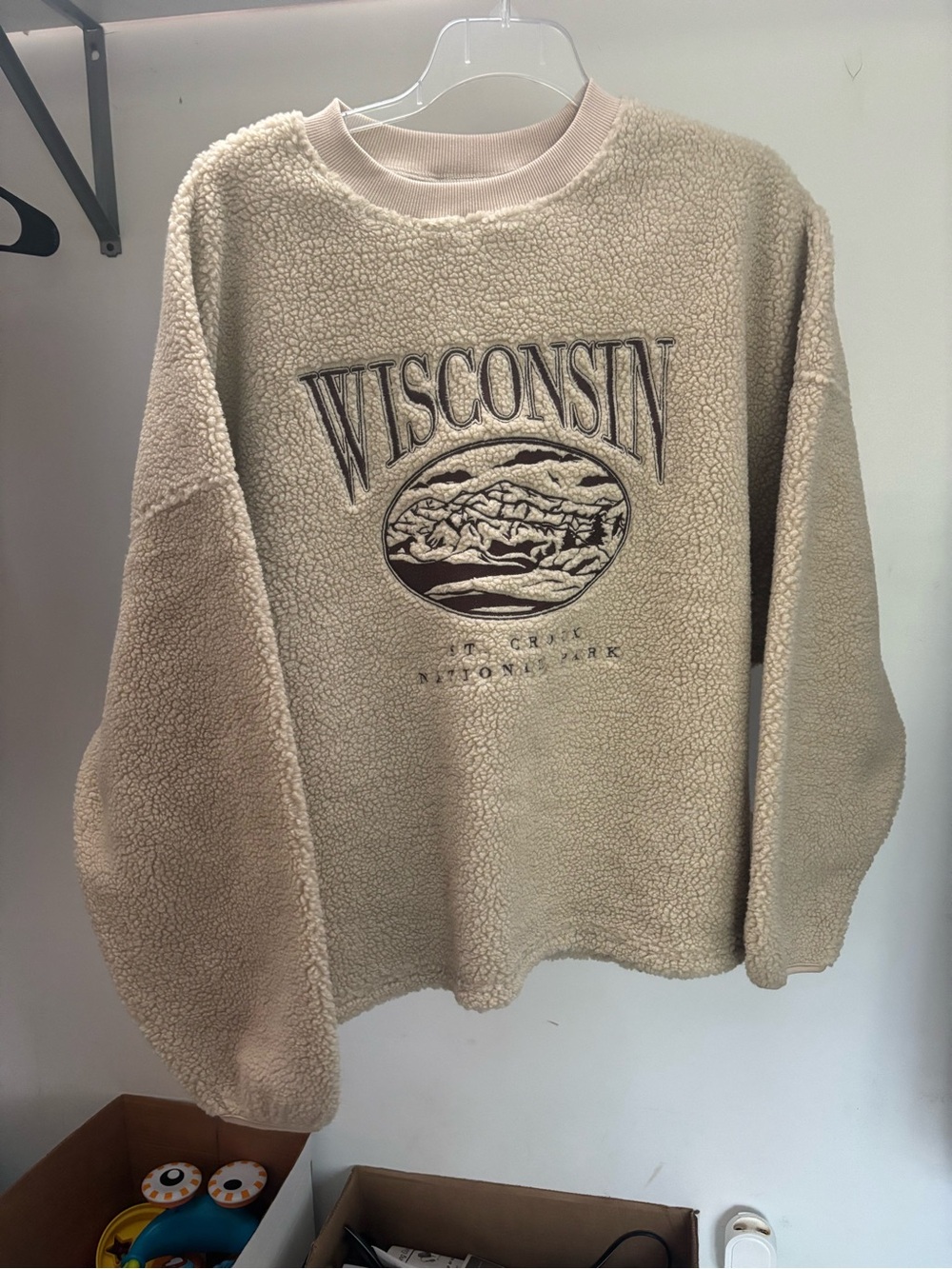 ASOS Curve Beige Sherpa Crewneck with Wisconsin Graphic